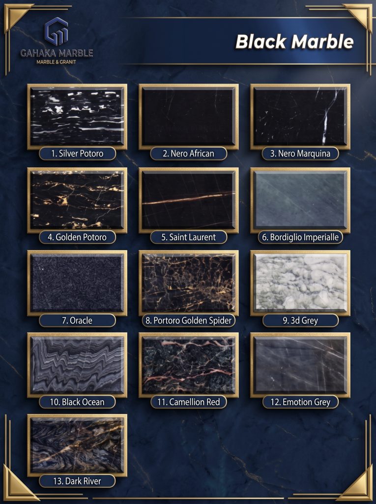 Katalog 13 jenis marmer hitam dengan motif Silver Portoro, Nero African, Nero Marquina, Golden Portoro, Saint Laurent, Black Ocean, dan pilihan black marble untuk lantai serta interior.
