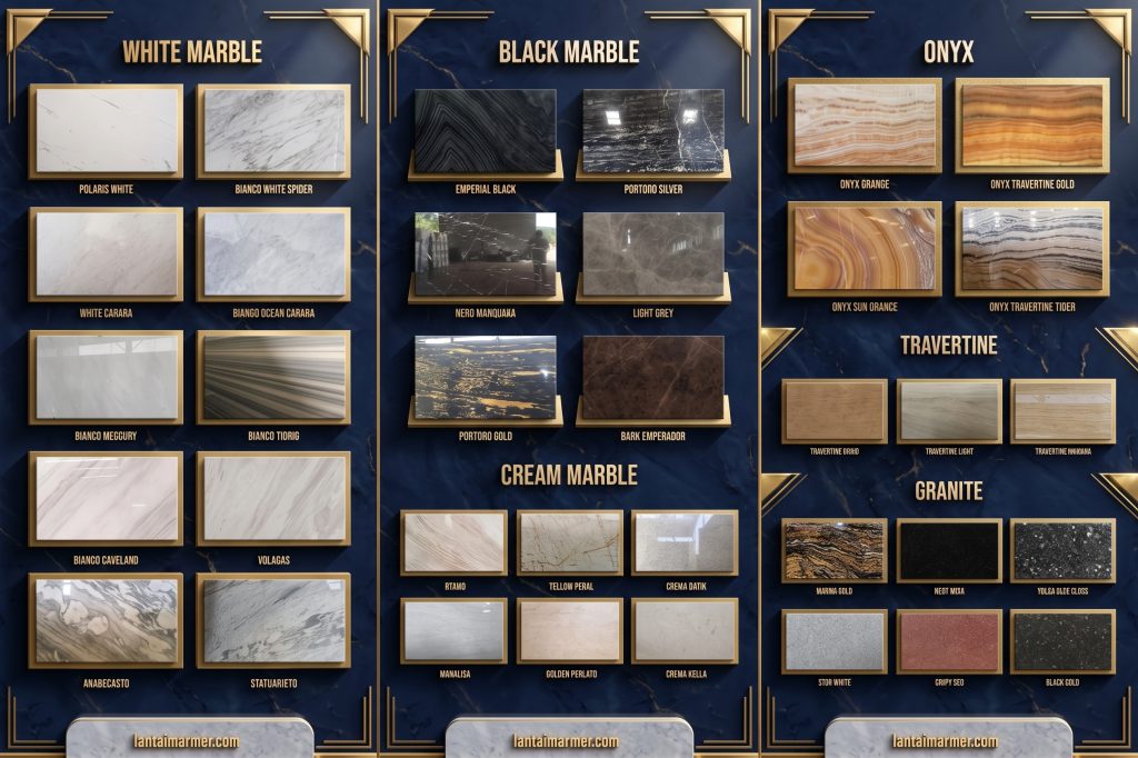 Master katalog koleksi batu alam premium dari lantaimarmer.com tahun 2026, menampilkan puluhan varian unggulan untuk lantai dan meja dapur, termasuk White Carara pada kategori White Marble, Portoro Gold di Black Marble, serta Black Gold pada koleksi Granite.