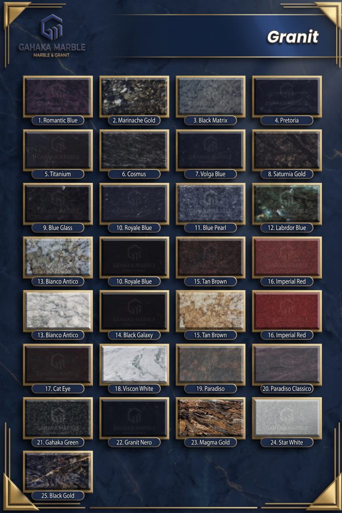 Katalog lengkap 25 jenis batu granit premium dari Gahaka Marble untuk lantai mewah dan meja dapur. Menampilkan variasi eksklusif yang sangat diminati seperti granit Titanium, Black Gold, Black Galaxy, hingga Magma Gold.