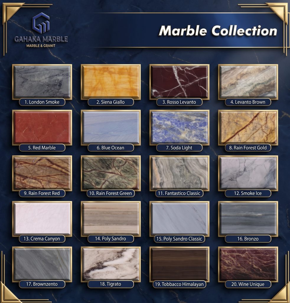 Katalog lengkap 20 varian koleksi marmer eksotis premium dari Gahaka Marble untuk lantai mewah dan meja dapur. Menampilkan corak warna unik yang langka seperti Rosso Levanto, Soda Light, Rain Forest Green, hingga London Smoke.