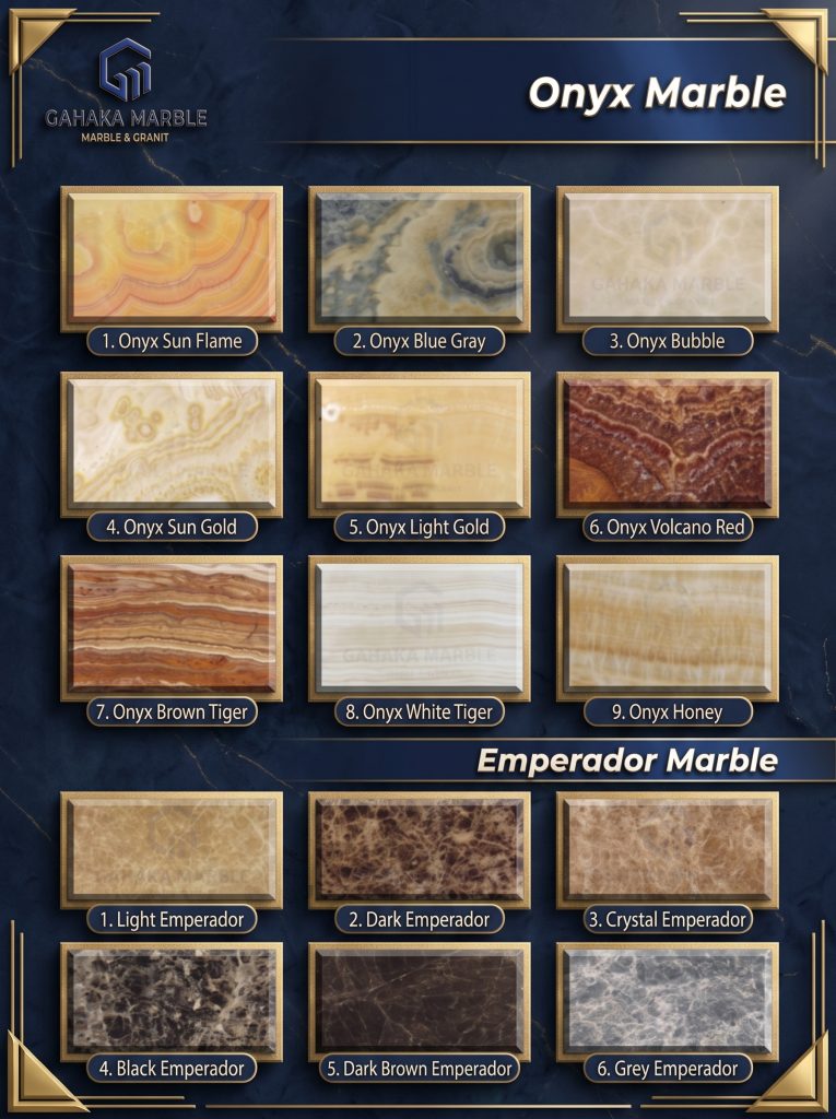 Katalog lengkap batu alam premium dari Gahaka Marble yang menampilkan 9 varian Onyx Marble seperti Onyx Sun Flame dan Onyx Blue Gray, serta 6 varian Emperador Marble mewah termasuk Dark Emperador dan Black Emperador.