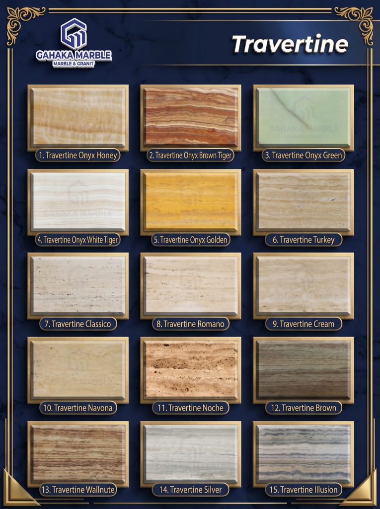 Katalog 15 jenis batu alam marmer Travertine premium dari Gahaka Marble untuk lantai dan dinding mewah, menampilkan variasi eksklusif seperti Travertine Onyx Honey, Travertine Turkey, Travertine Classico, hingga Travertine Noche.