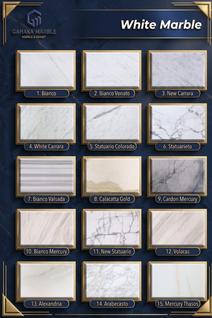 Katalog lengkap 15 jenis lantai marmer putih premium dari Gahaka Marble untuk kitchen set, meja dapur, dan lantai mewah, menampilkan varian populer seperti White Carrara, Calacatta Gold, New Statuario, dan Volacas.